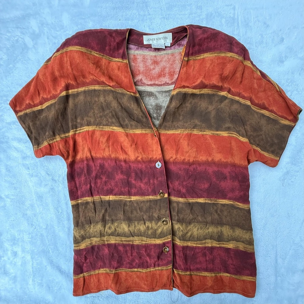 Vintage Jones New York Blouse Womens 8 Multi Striped Rayon Shoulder Pads 90s Y2K